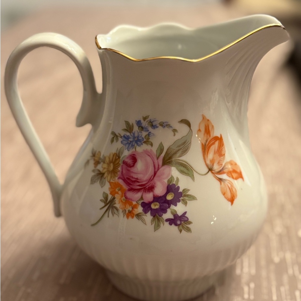 Floral Porcelain Pitcher with Gold Trim